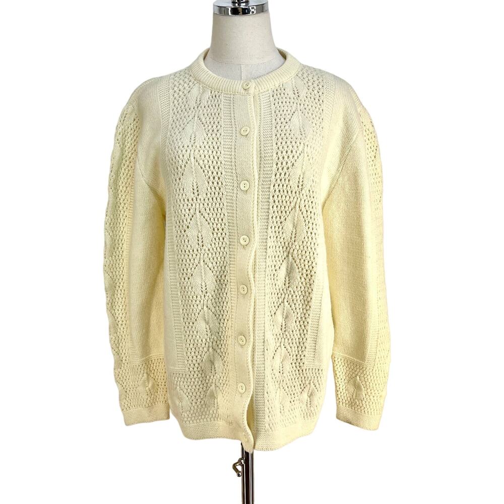 Vintage Acrylic Knit Cardigan Ivory Fisherman Ecru Preppy by Jolie
